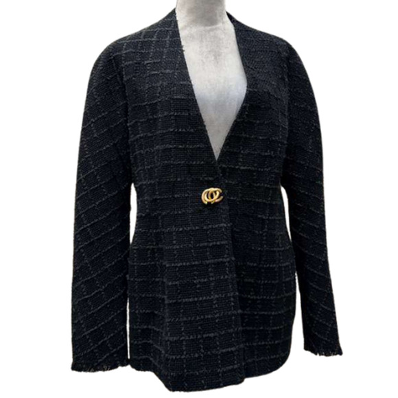 Tory Burch Slim Tweed Jacket Black Gold Logo Button Size 12 New With Tags - Picture 12 of 13